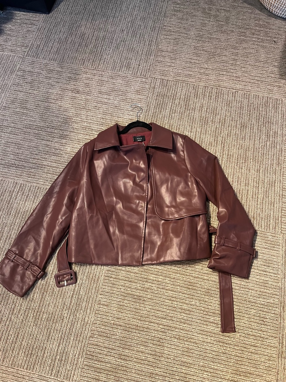 Vince Wine-Red Faux Leather Cropped Jacket